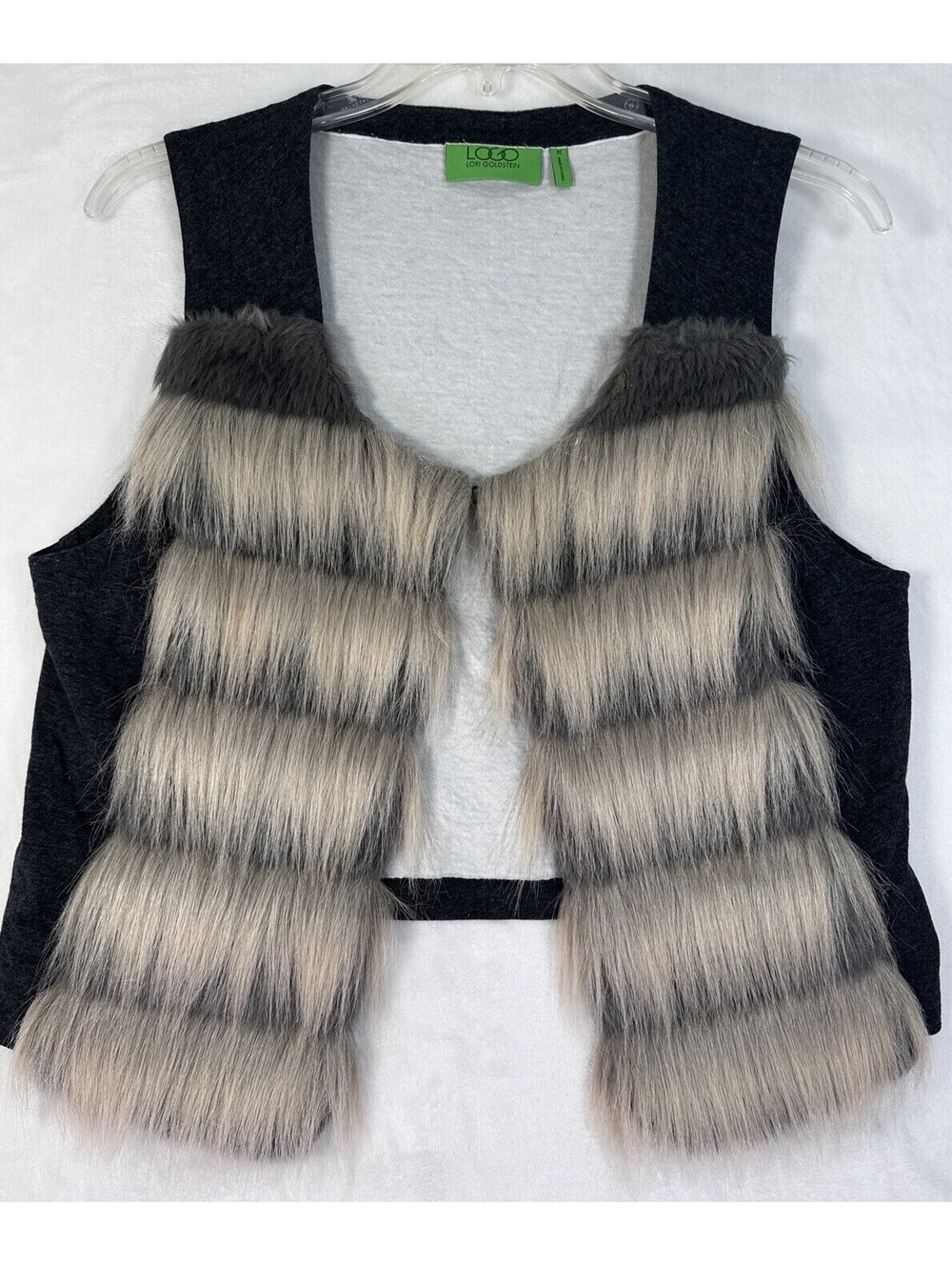 New LOGO By Lori Goldstein Medium Faux Fur Vest Gray Knit Back Womens